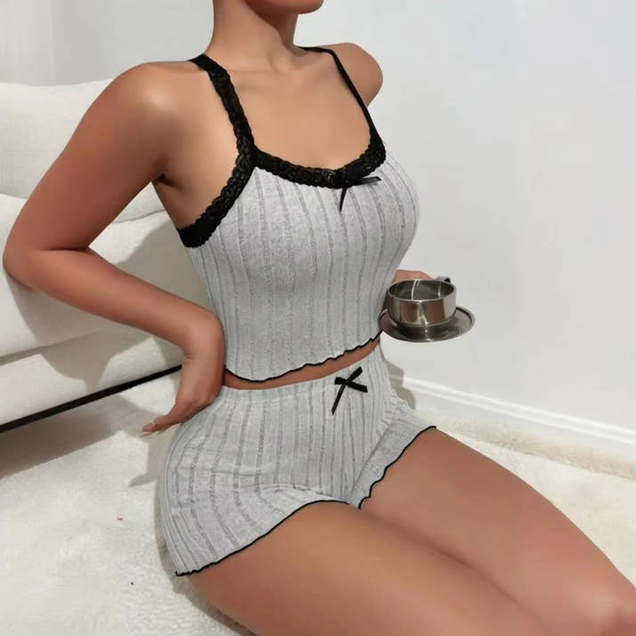 Bow Print Milk Silk Pajama Set 🌸 Suspender Shorts & Top