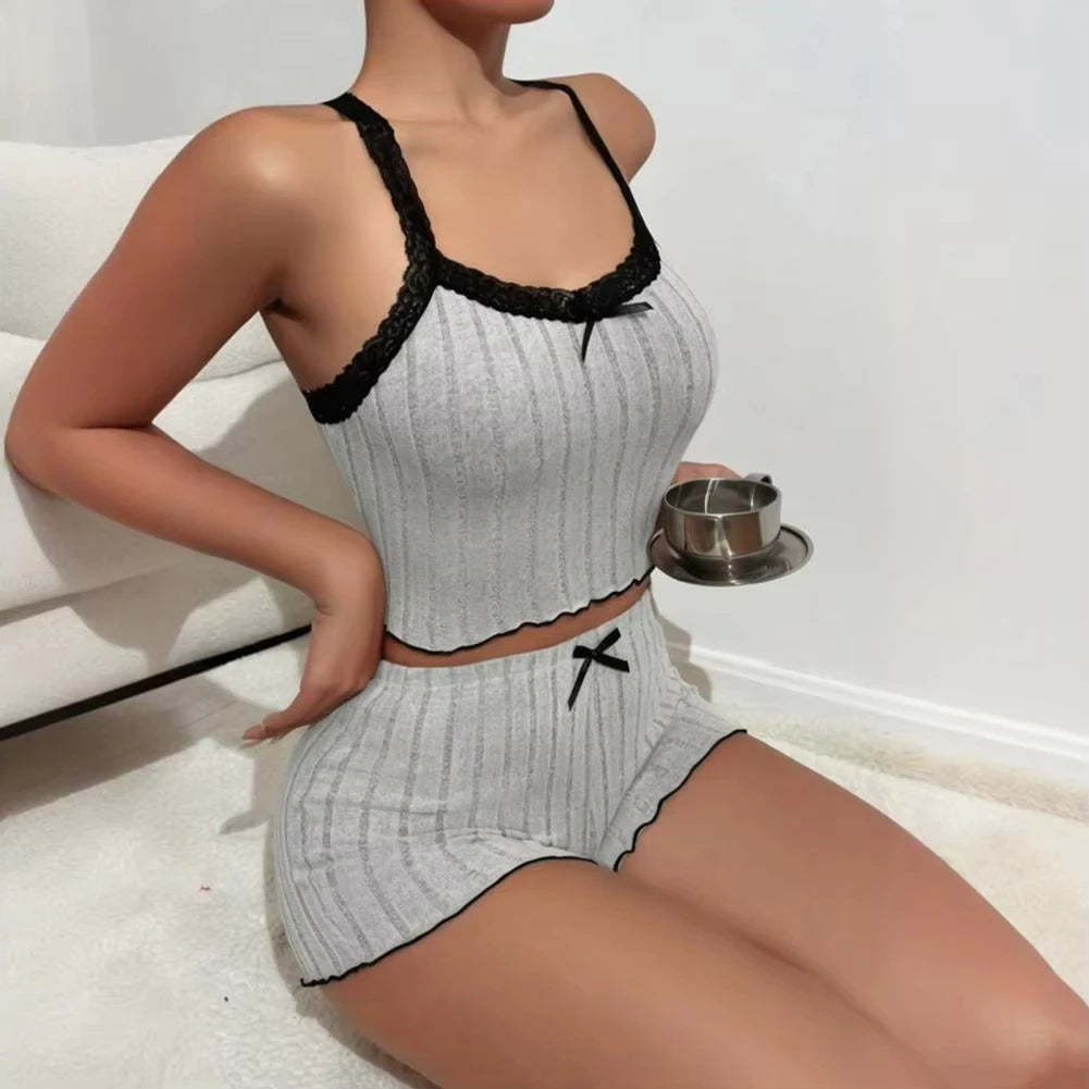 Bow Print Milk Silk Pajama Set 🌸 Suspender Shorts & Top