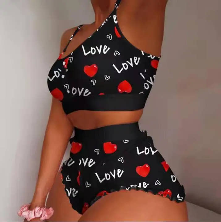 Love Printed Lace Sling Pajama Set 💖 2-Piece Summer Crop Top & Shorts Sleepwear
