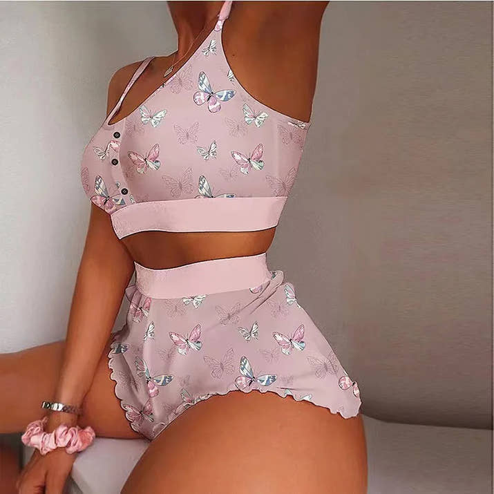 Love Printed Lace Sling Pajama Set 💖 2-Piece Summer Crop Top & Shorts Sleepwear