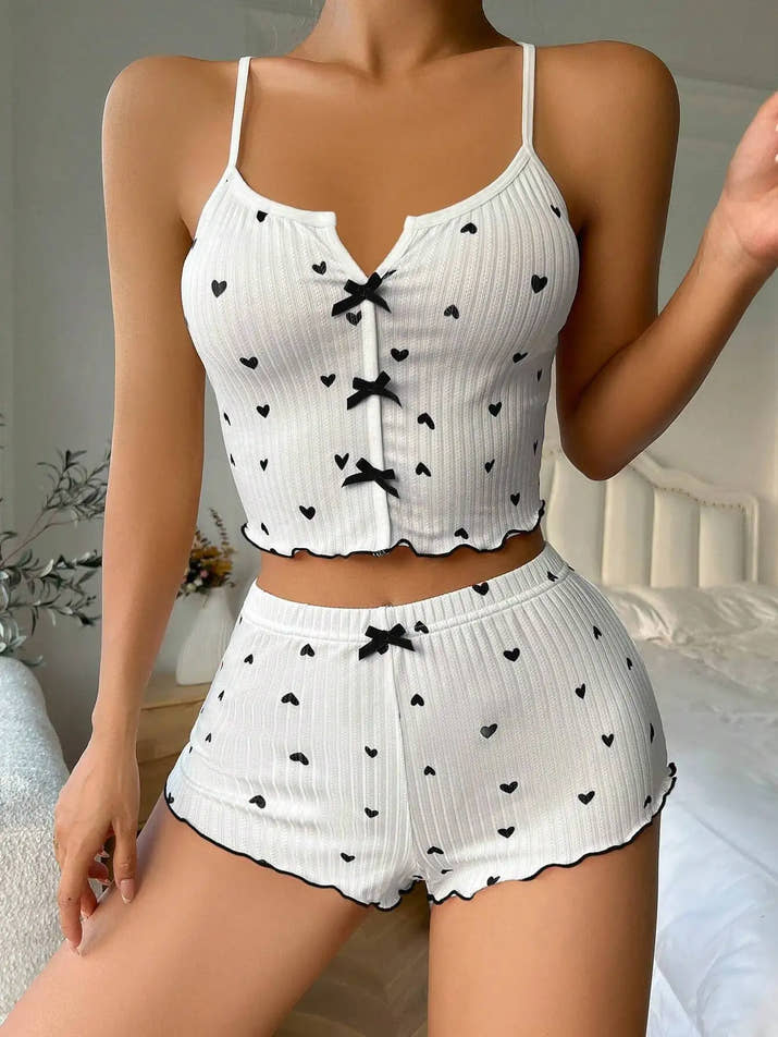 Cute Heart Print Pajama Set – Cami Top & Shorts 🌙