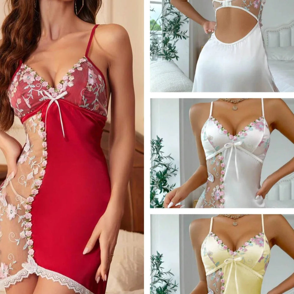 Sheer Embroidered Mesh Chemise – Deep V Satin Nightgown 🌙