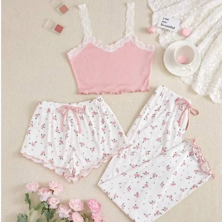 Pink Lace Patchwork Pajama Set – V-Neck Cami Top & Printed Shorts 🌙
