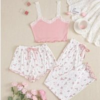 Pink Lace Patchwork Pajama Set – V-Neck Cami Top & Printed Shorts 🌙