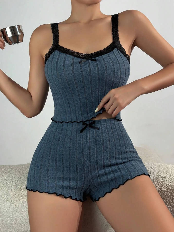 Bow Print Milk Silk Pajama Set 🌸 Suspender Shorts & Top
