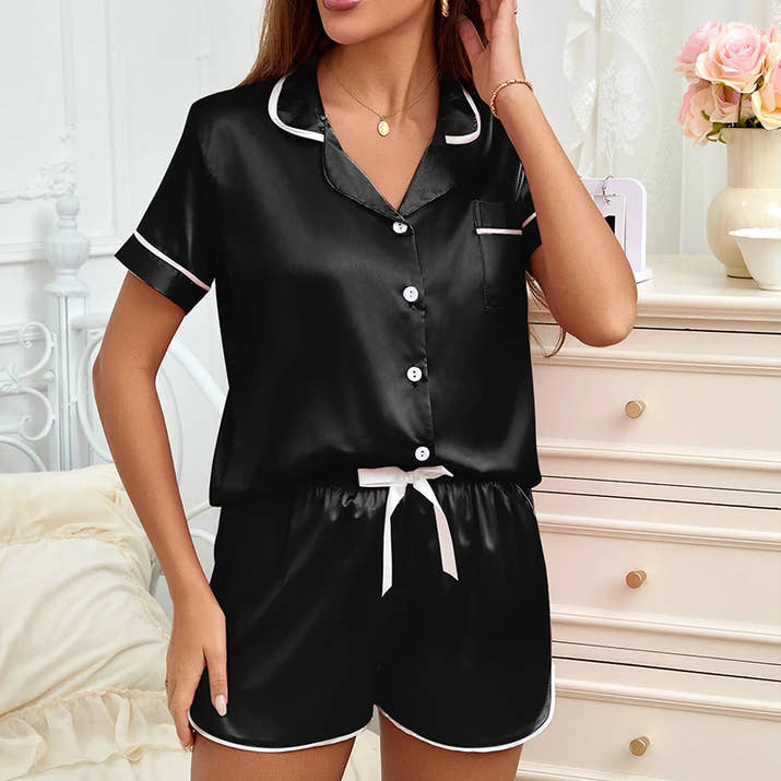 Heart Pocket Pajama Set – Short Sleeve Button Top & Shorts 💤