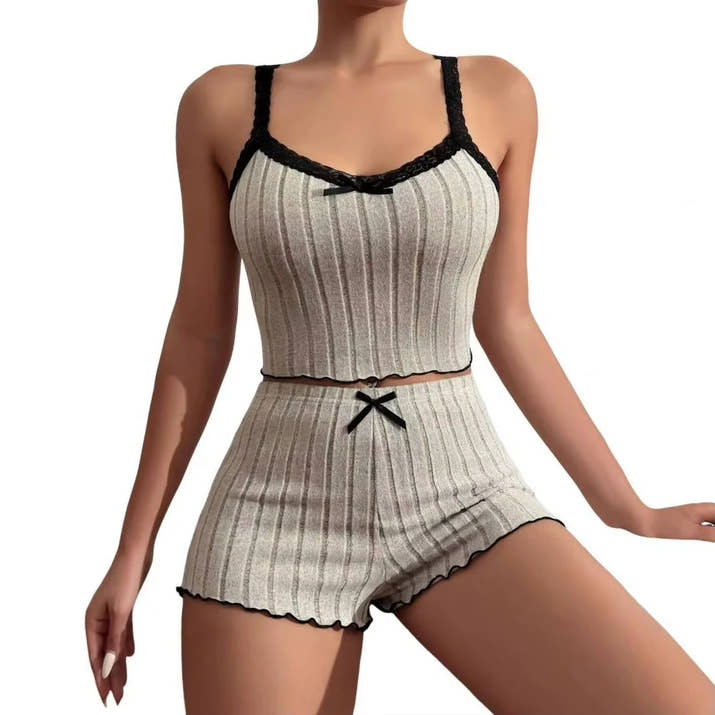 Bow Print Milk Silk Pajama Set 🌸 Suspender Shorts & Top