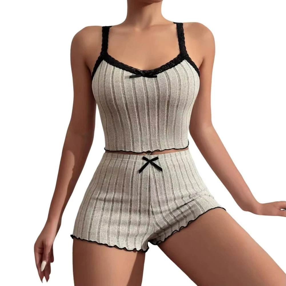 Bow Print Milk Silk Pajama Set 🌸 Suspender Shorts & Top
