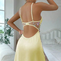 Sheer Embroidered Mesh Chemise – Deep V Satin Nightgown 🌙