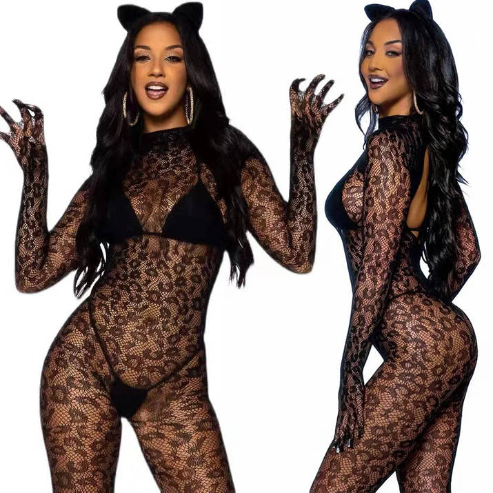 Black Leopard Lace Bodysuit – Sexy Fishnet Jumpsuit 🌙