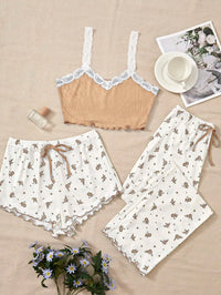 Pink Lace Patchwork Pajama Set – V-Neck Cami Top & Printed Shorts 🌙