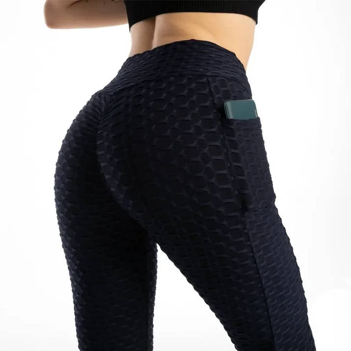 High-Waist Hip-Lift Bubble Leggings – Pocket Fitness & Gym Pants 🌟