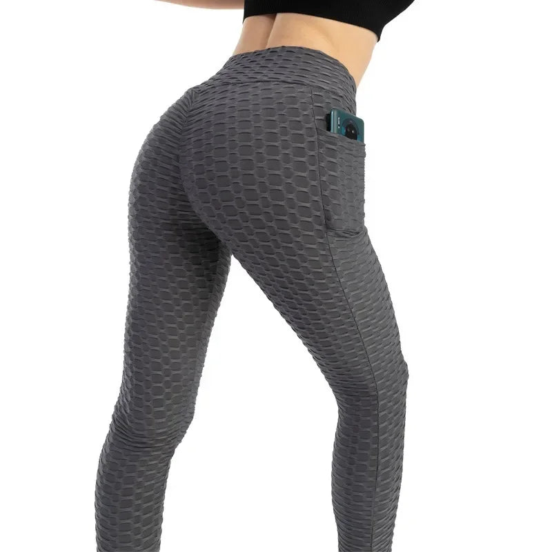 High-Waist Hip-Lift Bubble Leggings – Pocket Fitness & Gym Pants 🌟