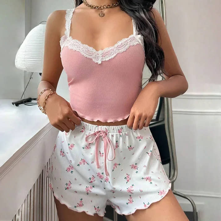 Pink Lace Patchwork Pajama Set – V-Neck Cami Top & Printed Shorts 🌙