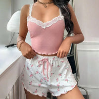 Pink Lace Patchwork Pajama Set – V-Neck Cami Top & Printed Shorts 🌙