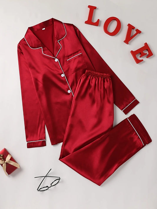 Solid Pajama Set – Long Sleeve Button-Up Top & Pants 🌙
