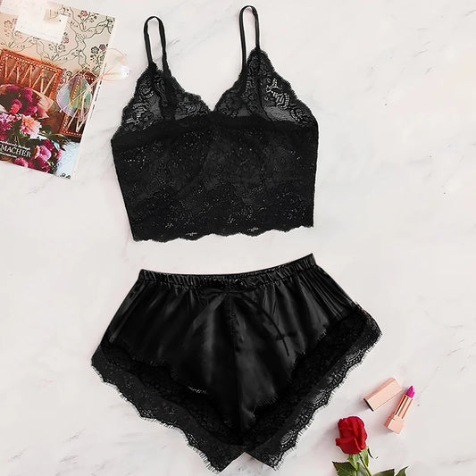 Sexy Lace Pajama Set – Bralette Cami Top & Shorts 🌙