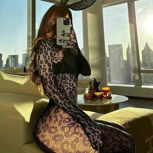 Black Leopard Lace Bodysuit – Sexy Fishnet Jumpsuit 🌙