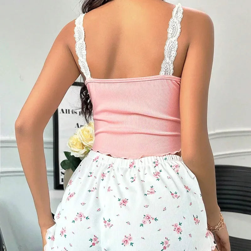 Pink Lace Patchwork Pajama Set – V-Neck Cami Top & Printed Shorts 🌙