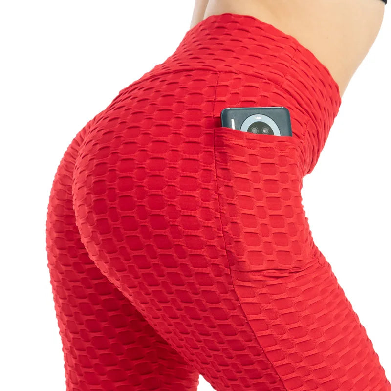 High-Waist Hip-Lift Bubble Leggings – Pocket Fitness & Gym Pants 🌟