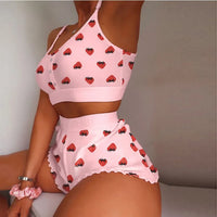 Love Printed Lace Sling Pajama Set 💖 2-Piece Summer Crop Top &amp; Shorts Sleepwear