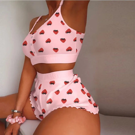 Love Printed Lace Sling Pajama Set 💖 2-Piece Summer Crop Top &amp; Shorts Sleepwear
