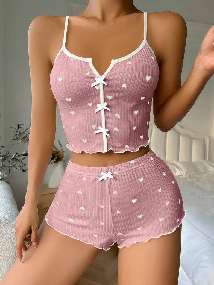 Cute Heart Print Pajama Set – Cami Top & Shorts 🌙