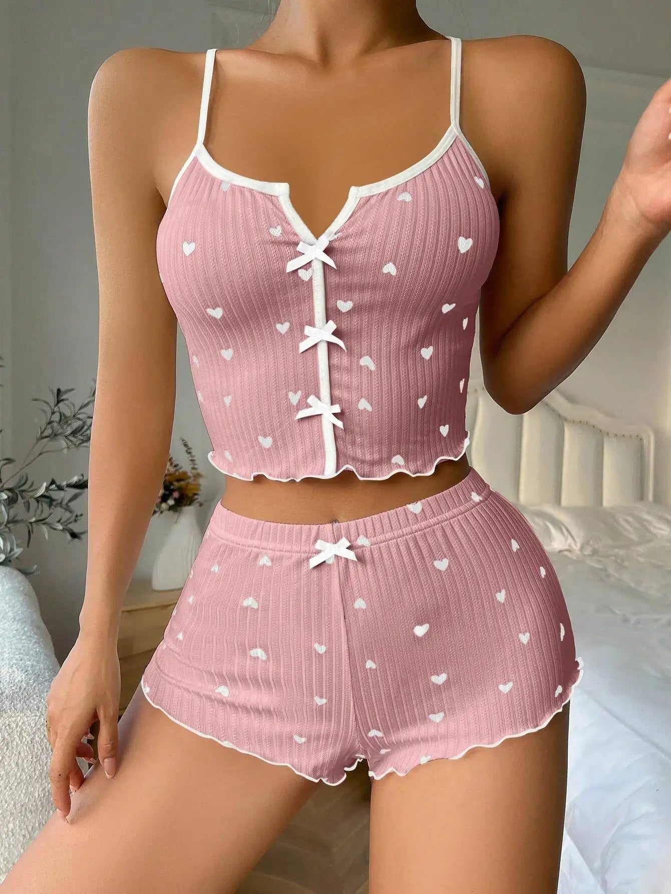 Cute Heart Print Pajama Set – Cami Top & Shorts 🌙