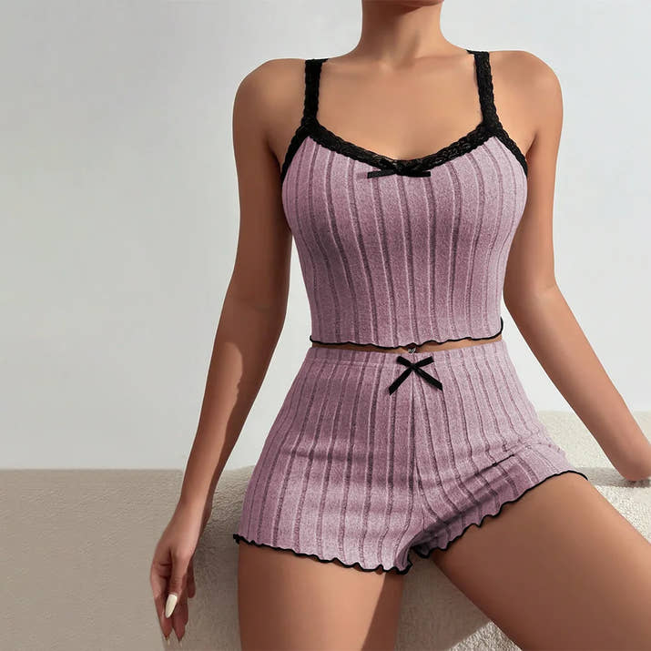 Bow Print Milk Silk Pajama Set 🌸 Suspender Shorts & Top