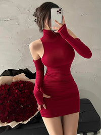 High-Neck Bodycon Dress – Pleated Mini Hip Wrap 🌟