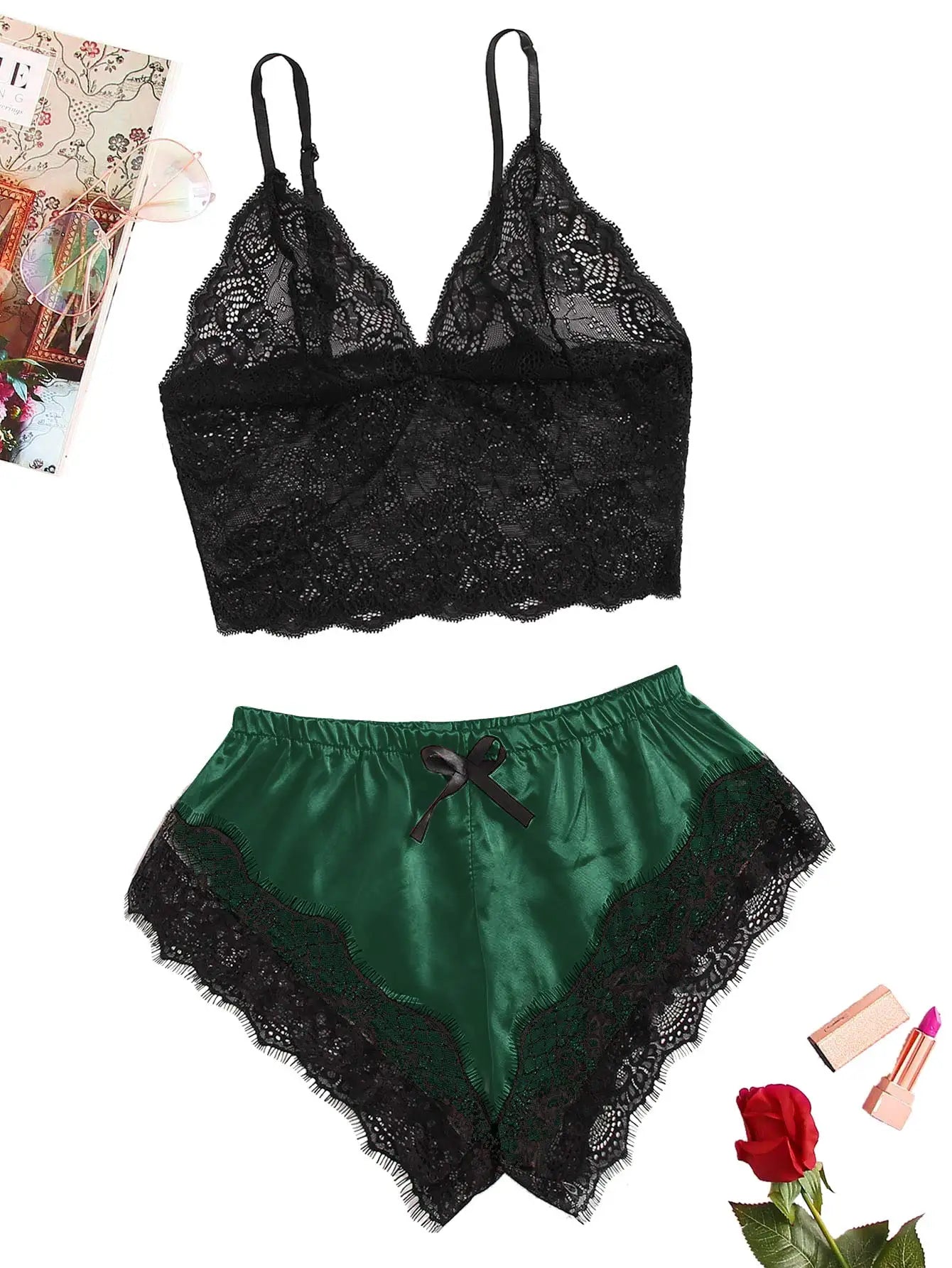 Sexy Lace Pajama Set – Bralette Cami Top & Shorts 🌙