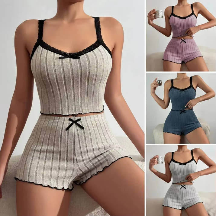 Bow Print Milk Silk Pajama Set 🌸 Suspender Shorts & Top