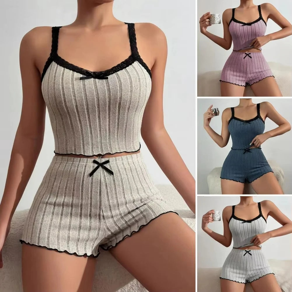 Bow Print Milk Silk Pajama Set 🌸 Suspender Shorts & Top