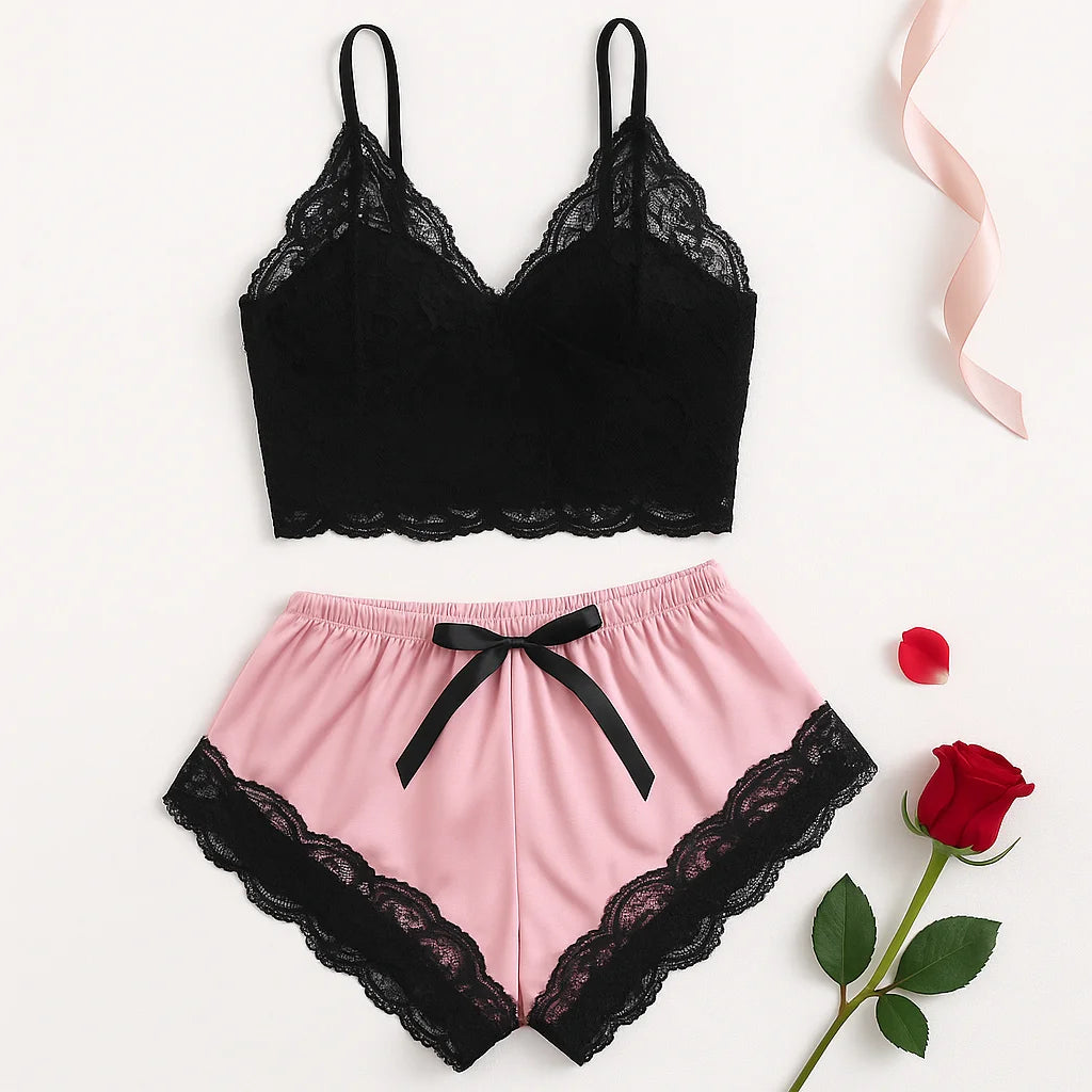 Sexy Lace Pajama Set – Bralette Cami Top & Shorts 🌙