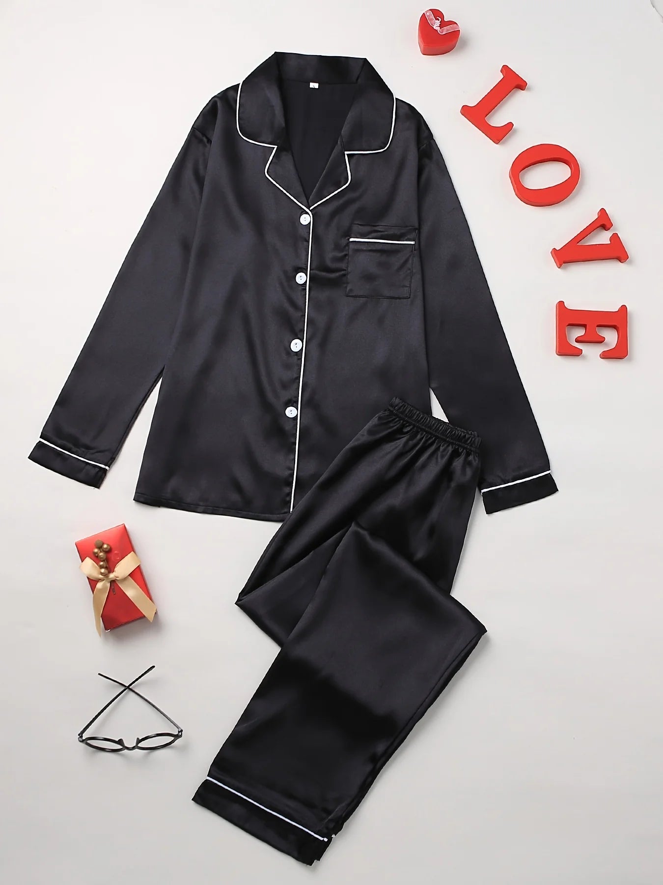 Solid Pajama Set – Long Sleeve Button-Up Top & Pants 🌙