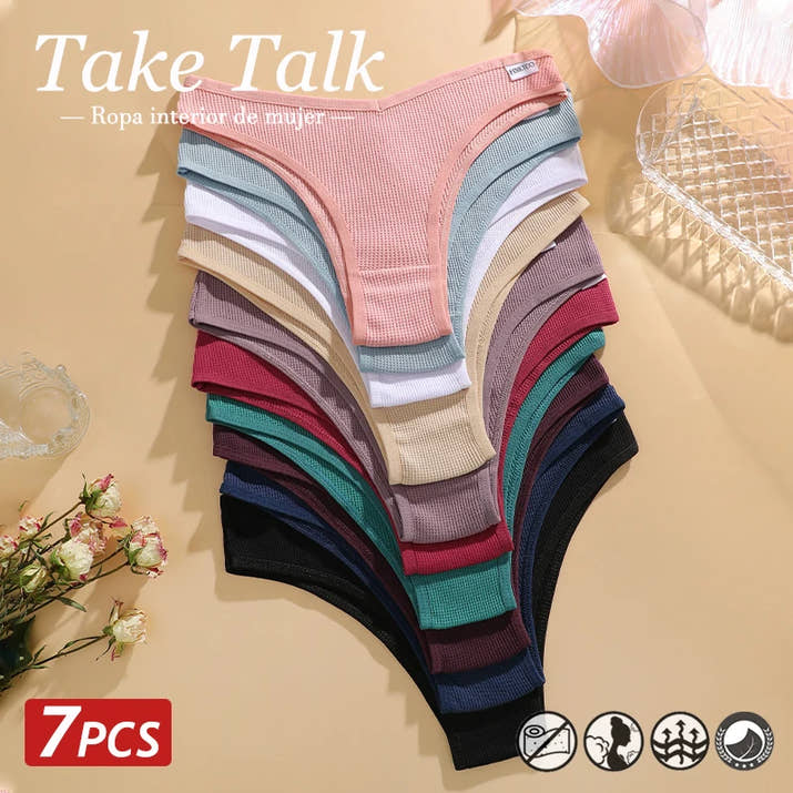 TakeTalk 7PCS Waffle Cotton Brazilian Panties Set 🌸 Sexy Low-Waist Bikini Underwear