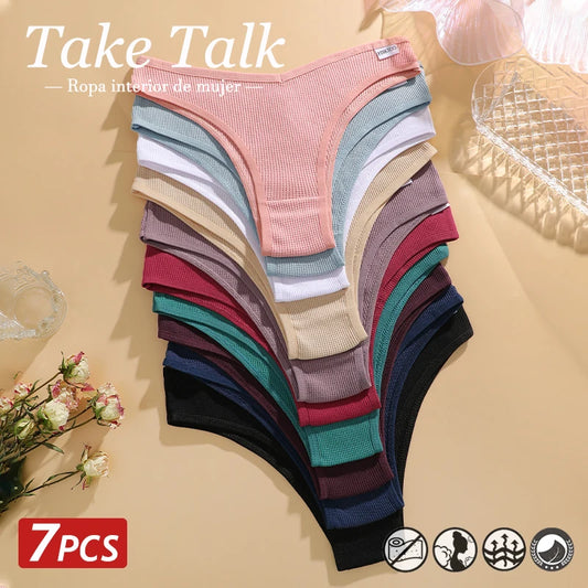 TakeTalk 7PCS Waffle Cotton Brazilian Panties Set 🌸 Sexy Low-Waist Bikini Underwear