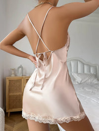Silk Satin Lace Nightdress – Backless Deep V Split Mini 🌙