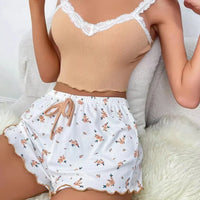 Pink Lace Patchwork Pajama Set – V-Neck Cami Top & Printed Shorts 🌙