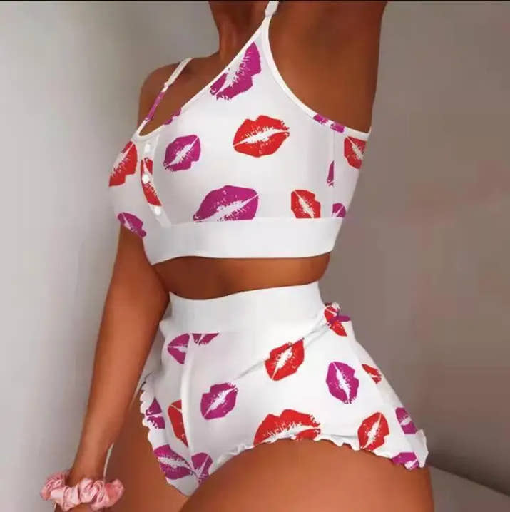 Love Printed Lace Sling Pajama Set 💖 2-Piece Summer Crop Top & Shorts Sleepwear