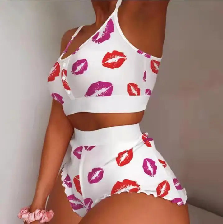 Love Printed Lace Sling Pajama Set 💖 2-Piece Summer Crop Top &amp; Shorts Sleepwear